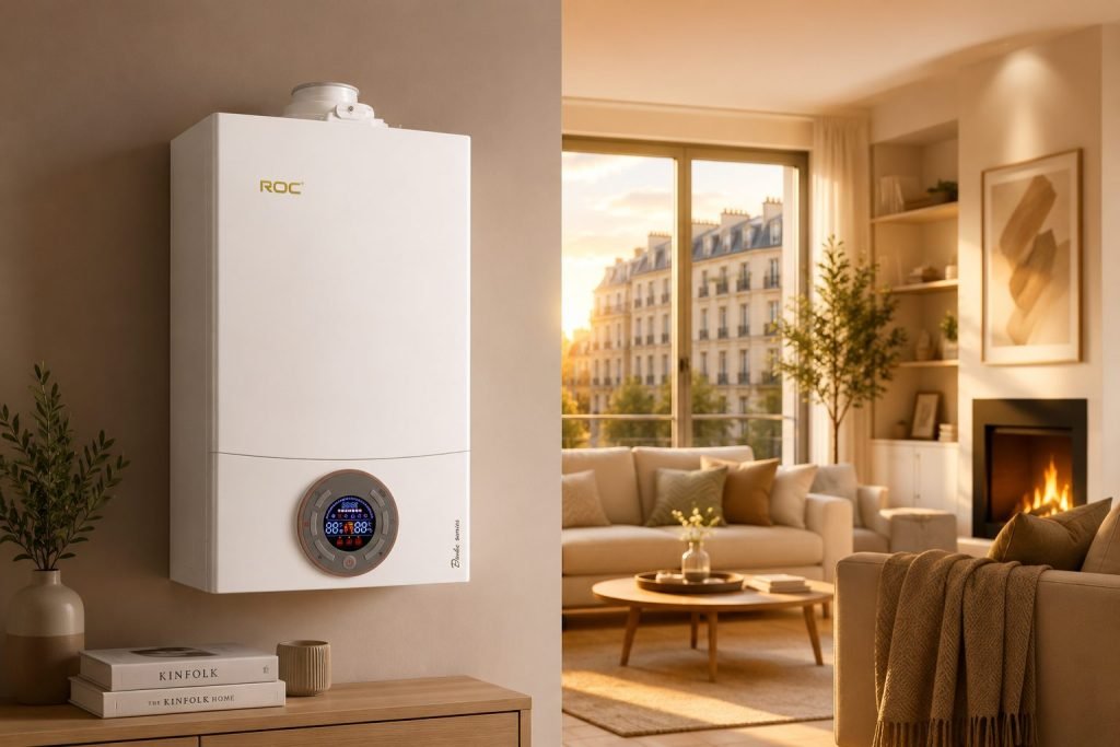 ROC wall-hung gas boiler OEM factory – condensing boiler installed in European residential living room