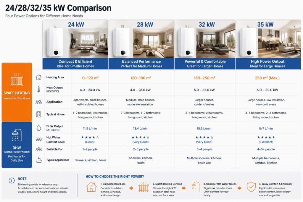 Gas boiler kW capacity comparison for space heating and domestic hot water