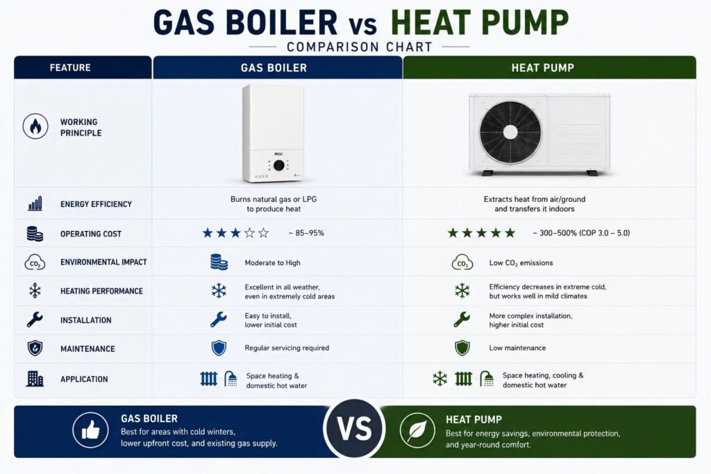 Gas Boiler vs Heat Pump: Which Heating System Is Right for Your Project? (2026 Guide) 2 Gas boiler vs heat pump comparison chart