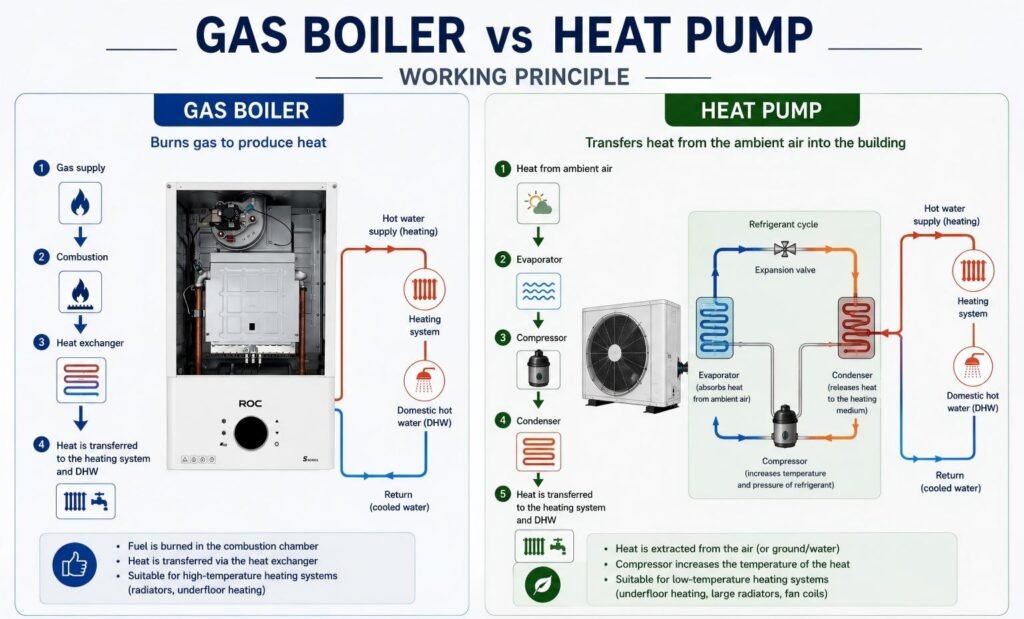 Gas Boiler vs Heat Pump: Which Heating System Is Right for Your Project? (2026 Guide) 1 Gas boiler vs heat pump working principle comparison