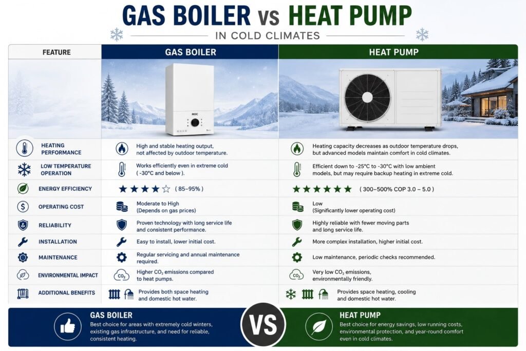 Gas Boiler vs Heat Pump: Which Heating System Is Right for Your Project? (2026 Guide) 3 Gas boiler and heat pump performance in cold climates