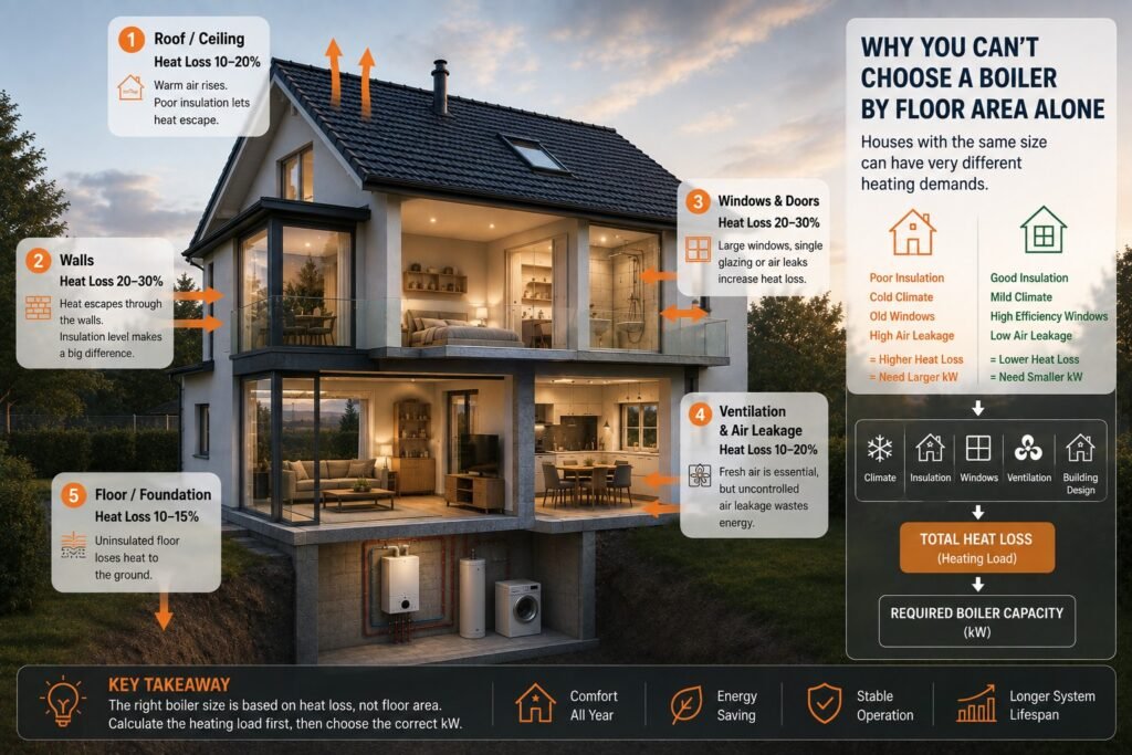 Gas boiler kW capacity selection based on home heat loss
