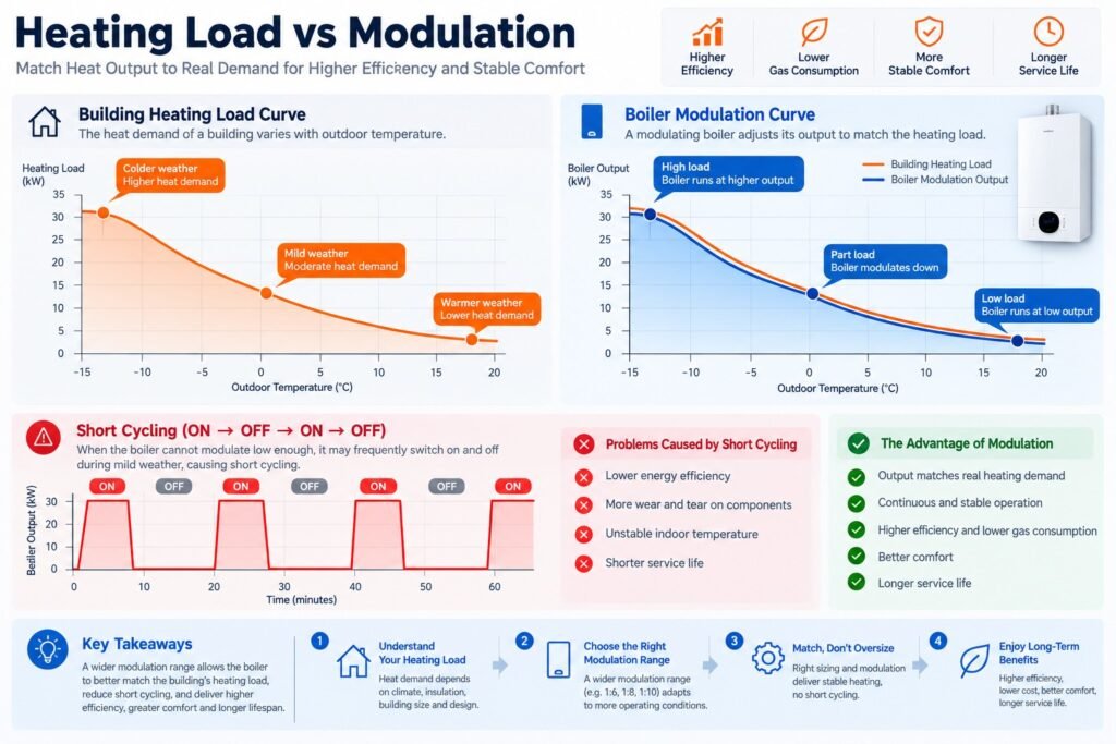 Gas boiler kW capacity and modulation range matched to heating load